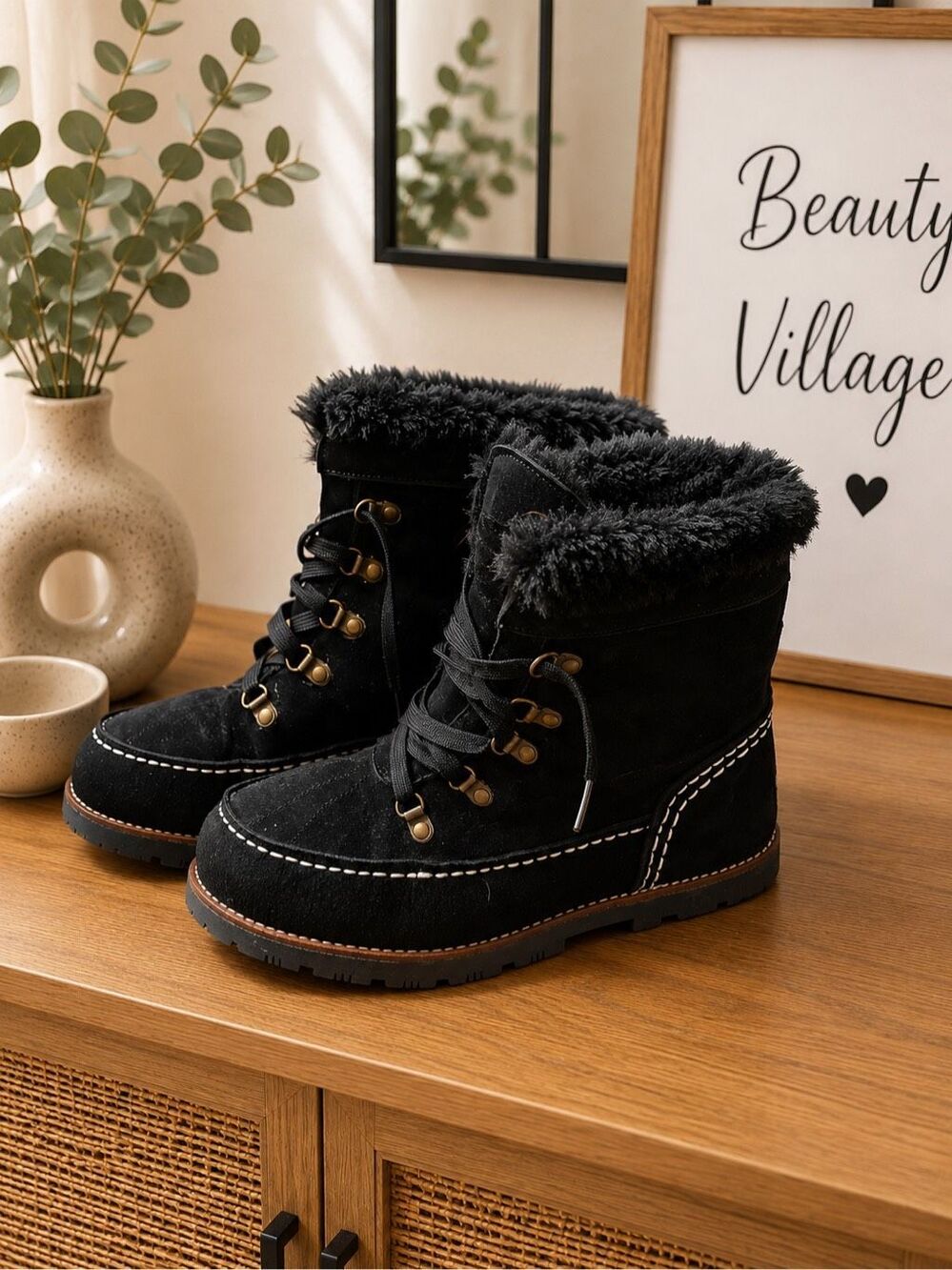 LAMO Women's Black Ankle High Taylor Suede Faux Fur Collar Boot Size 10